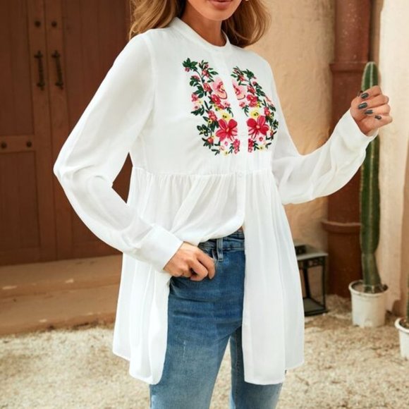 BOHO Flower Embroidery Peplum Blouse - Picture 2 of 8